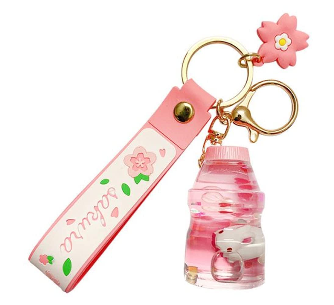 Creative floating Cherry blossoms Rabbit Keychain Liquid Oil Rabbit Moving Heart Milk tea cup Keyring Quicksand Key Chain Gift, Pink (ZRX-SY11)