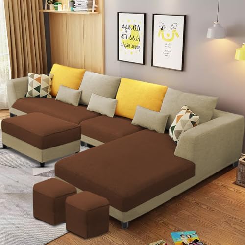 Image of Galib RHS 8 Seater L Shape Sofa Set for Living Room (Cream Brown Fabric) Premium Fabric Sofa
