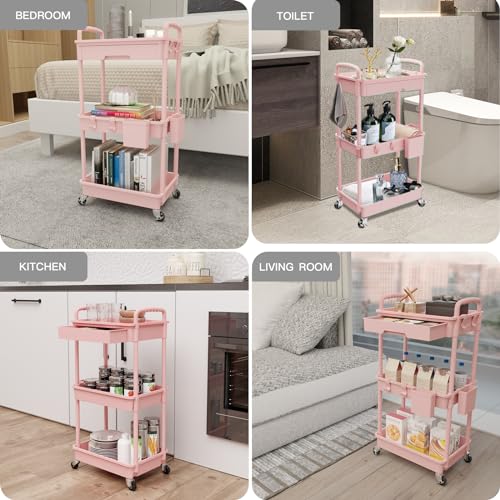 Image of REBECAT 3 Tier Rolling Utility Cart with Drawer,Storage Cart,Rolling Cart for Kitchen,Bathroom,Living Room,Storage Organizer with Iron Wheels(Pink
