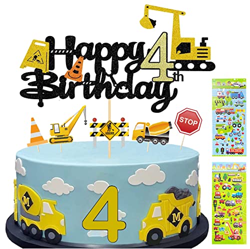 Construction Cake Topper Boys Cupcake Toppers Birthday Boys 4 Year Old Construction Birthday Party Supplies Cake Toppers Birthday Personalised 4th Cake Toppers with Kids Stickers (4)