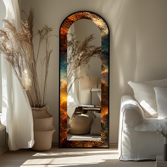 23,5''W x 167''H Stampa Texture Rame fuso - Specchio da pavimento astratto ad arco a tutta lunghezza - Specchio da pavimento macchiato a corpo intero con cornice nera con cornice