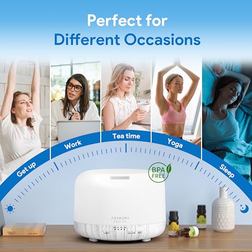 Image of ASAKUKI Essential Oil Diffuser for Home, 500ML Aromatherapy Humidifier | with Remote Control, 7 Color LED Lights, Quiet Cool Mist Diffuser for Bedroom, Living Room, Office (White)