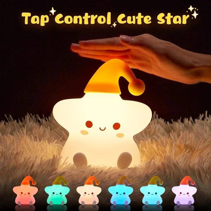 Image of XERGY Cute Silicone Star Night Light - 7 Color Changing LED Lamp, USB Rechargeable, Tap Control, Timer- Soft Silicone Mood Lamp for Kids, Bedroom, Nursery & Gifts