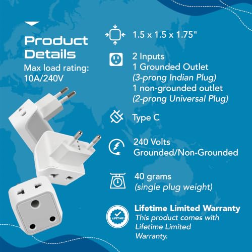 Image of Ceptics European Travel Adapter, 2 in 1 India to European, Germany, France Adapter - Type C European Plug Adapter for Laptops, Phones, Chargers, CE - RoHS - 3 Pack