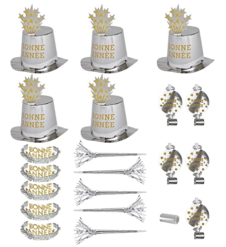 W WIDMANN MILANO Party Fashion - Party-Set Bonne Année, Silber, Set aus 5 Partyhüten, 5 Kronen, 5 Partytrompeten, 5 Tröten und 1 Pack Luftschlangen