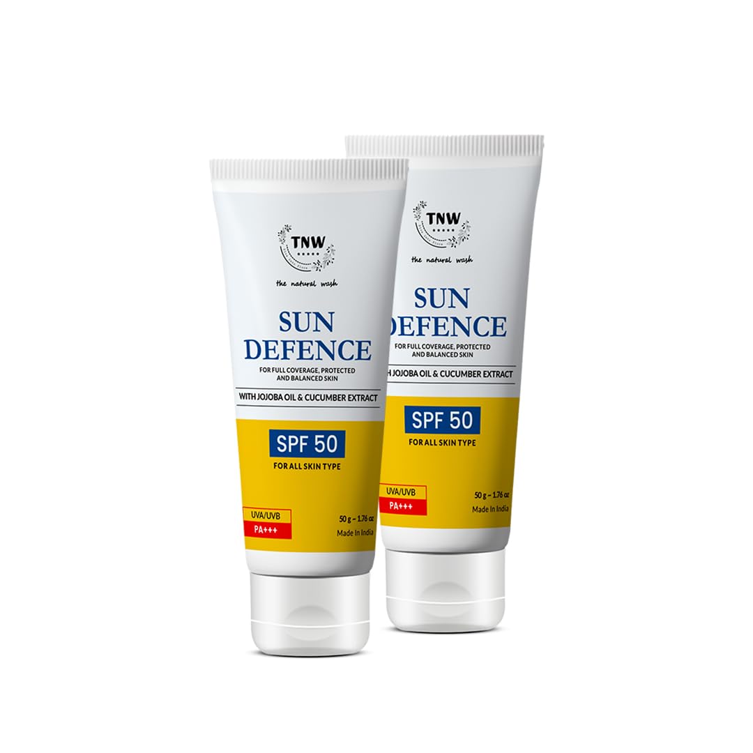TNW-THE NATURAL WASHSun Defence Sunscreen SPF 50 PA+++ (Pack Of 2*50gm) | Enriched With Jojoba Oil, Saffron & Cucumber | UVA/UVB Protection & Balanced Skin | All Skin Type | Sunscreen For Men & Women