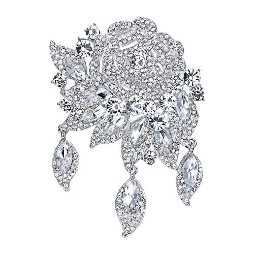 Image of EVER FAITH Rose Flower Leaf Brooch Pendant Austrian Crystal