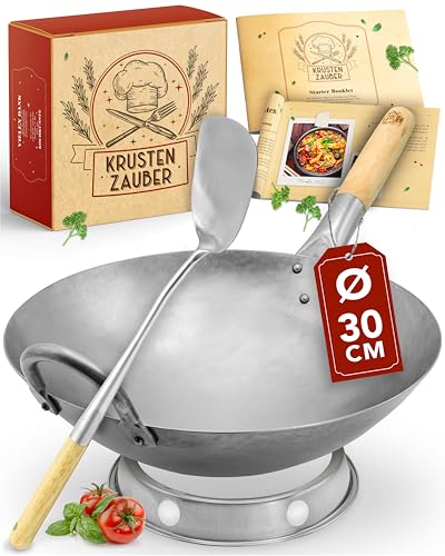 KRUSTENZAUBER 30cm Wokpfanne runder Boden - Traditionelle Stahlwokpfanne mit Wokwender u. Wokring - Wok Pfanne, Wok Induktion, Woklette, Wok Zubehör, Carbon Steel Wok Karbonstahl