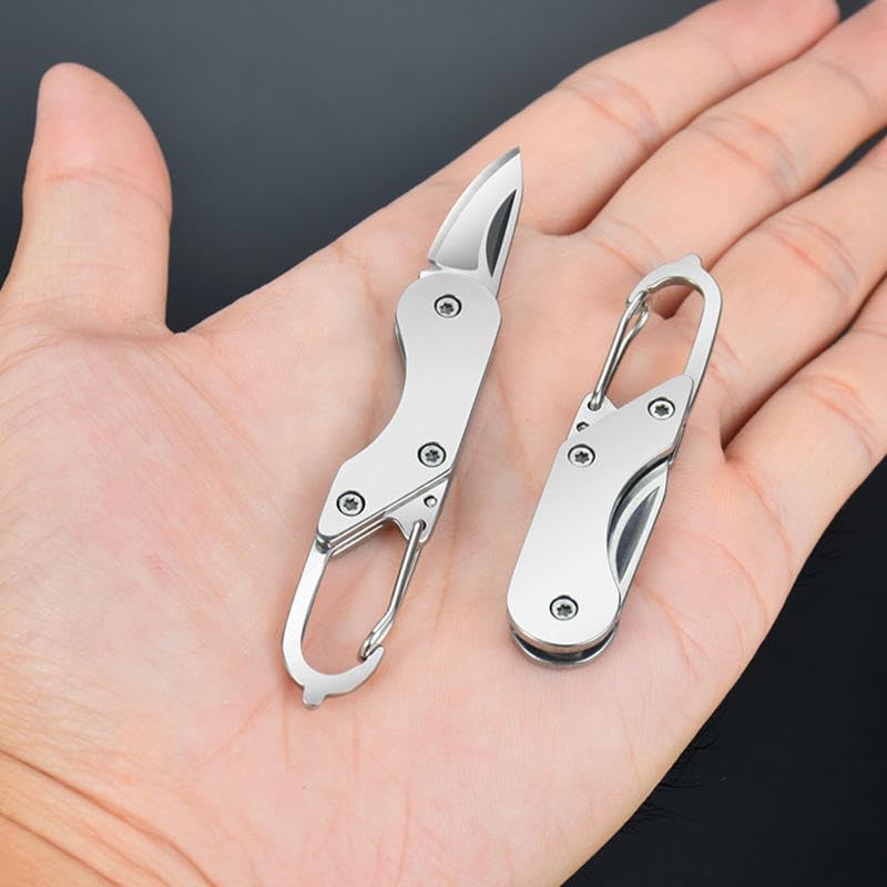 Image of CAPMORA Mini Folding Utility Tool Keychain, Metal, with Carabiner Clip, Compact Everyday Carry for Package Opening and Outdoor Use (SILVER LOCK)