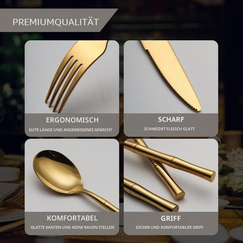 Geschirr 30-teiliges Bambus-Griff Besteck-Set Edelstahl Steakmesser Gabel Set Servieren 6 Personen Geschirrspüler verfügbar Tafelservice (Farbe: 30 Stück Silber)