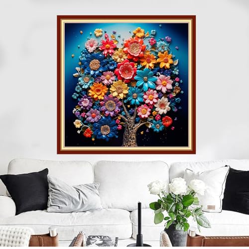 Image of Funxvoot Stamped Cross Stitch Kits Beginners Full Range of Embroidery Kits for Adults 11CT Embroidery Patterns Needlepoint Kits Printed Cross Stitch Kits -（Colorful Flower Trees 18x18 inchs）