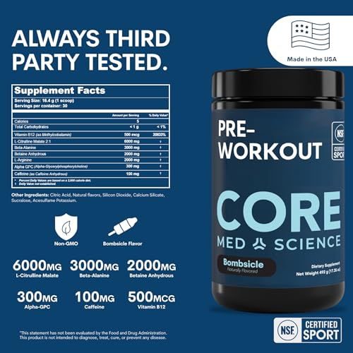Image of Core Med Science Pre Workout Powder for Men & Women - NSF Certified for Sport - Low Stim with Caffeine, L-Citrulline, Beta Alanine & Alpha GPC for Clean Energy, Focus & Pumps - Bombsicle, 30 Servings