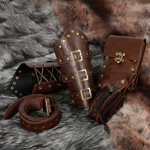Image of Renaissance Belt Pouch Medieval Viking Leather Bracers Set for LARP