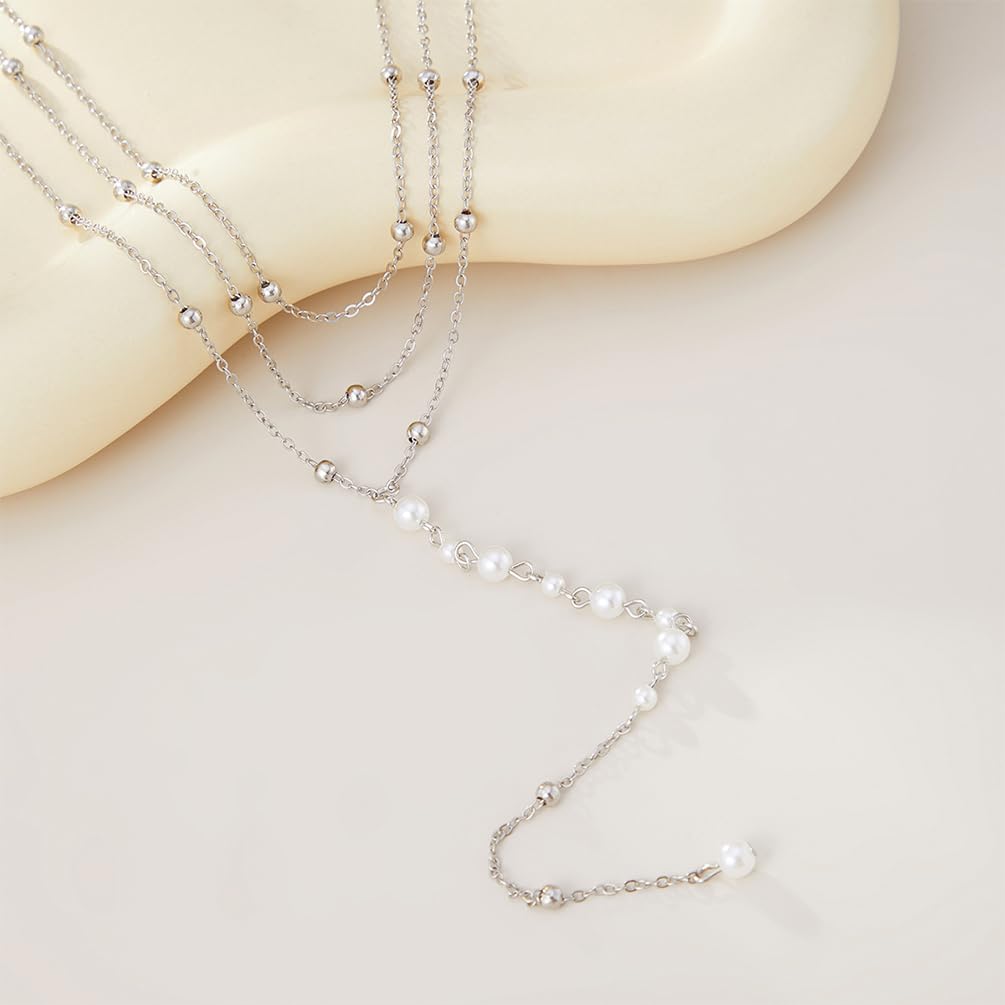 Trendy Gold Layered Small Beaded Pearl Long Tassel Lariat Y Necklaces for Women, Dainty Beads Pearls Drop Necklace Statement Charm Party Jewelry Gift - Image 5
