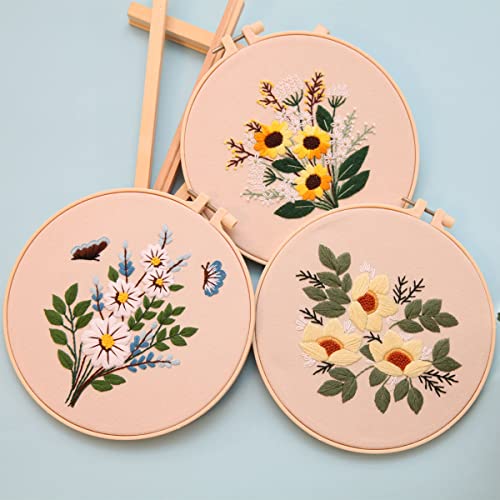 Image of Embroidery Kit for Beginners,Cross Stitch Kits for Adults DIY Craft 3pcs Embroidery Pattern Needlework Fabric Embroidery Thread and Needles 1pcs Embroidery Hoop Adult Stitch Stuff Sewing Kit Gift