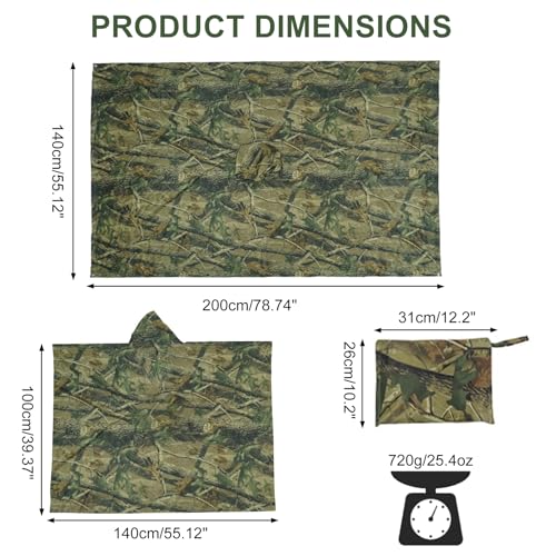 Mture Camouflage Regen Poncho, 3-in-1-Multifunktional Regenmantel Wasserdichter Regenjacken, Wiederverwendbar Camouflage Regenjacken Regencape, Regencape mit Kapuze für Fahrrad, Wandern und Camping