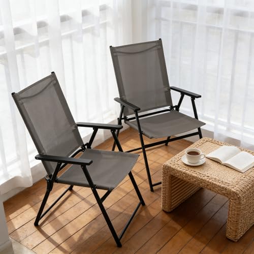 JMGJOY Lot de 2 Chaise de Jardin Extérieur Chaise Pliante Aluminio Camping Max 158KG PortableTissu en Polyester Respirant et Robuste avec Accoudoirs et Dossier Inclinable Balcon, Gris