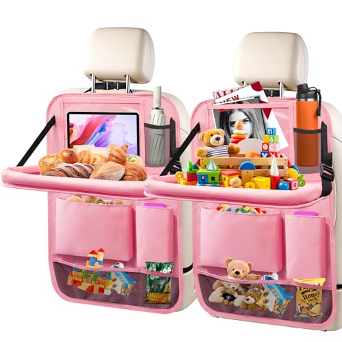 Image of 2Pack Car Backseat Organizer with Foldable Table Tray,6 Storage Pockets Car Storage Organizer with Tablet Holder,Car Seat Back Protectors Kick Mats Travel Accessories (Pink)