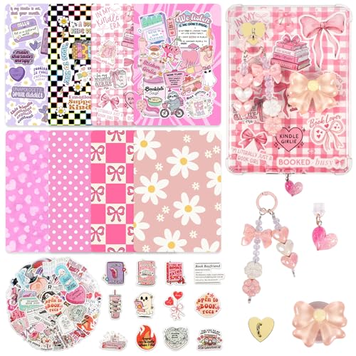 POVESTE Cute Charms Set for Kindle, Including Dust Plug Charm Type C/USB C, Bow Grip Holder, Stickers, Keychains with Hook for Kindle Accessories, Compatible for Kindle Paperwhite 11th 12th Generation-White
