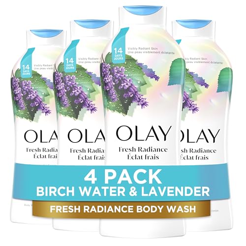 Olay Body Wash for Women, Fresh Radiance, Refreshing & Renewing, Made with Plant Based Cleansers, B3 Botanical Complex, For All Skin Types, Birch Water & Lavender Scent, 22 fl oz (Pack of 4)