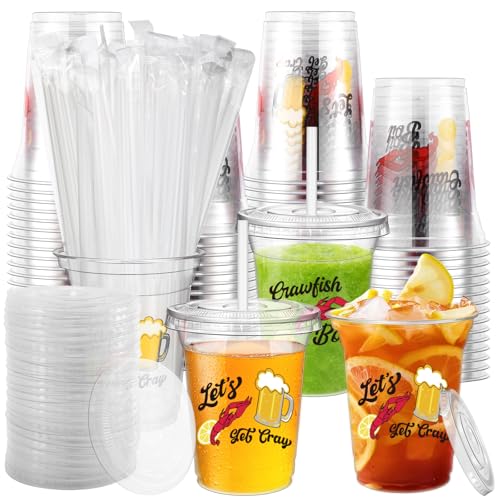 FoldTier 60 Pcs Crawfish Boil Cups Bulk 12 oz Lobster Plastic Cups with Straw Let's Get Cray Disposable Clear Crawfish Drinking for Crayfish Crab Seafood Boil Party Decoration Supplies