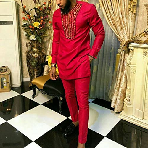 African Men's Clothing 2 Piece Set Traditional Dashiki Outfits Suit Shirt and Pants Long Sleeve Clothes (Color : Red, Size : XX-Large)2