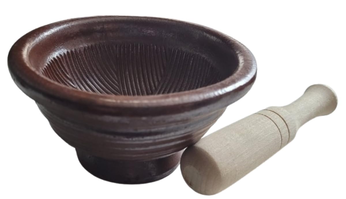 Ceramic Mortar & Wooden Pestle Set – Small Suribachi Grinding Bowl – Perfect for Spices, Herbs, Nuts & Seeds