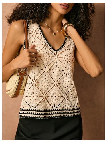 Image of MakeMeChic Women's Crochet V Neck Sweater Vest Contrast Binding Sleeveless Knitwear Top