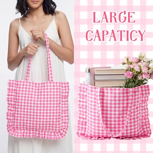 Bolso Tote Grande Rosa con Volantes y Cuadros miniatura 5