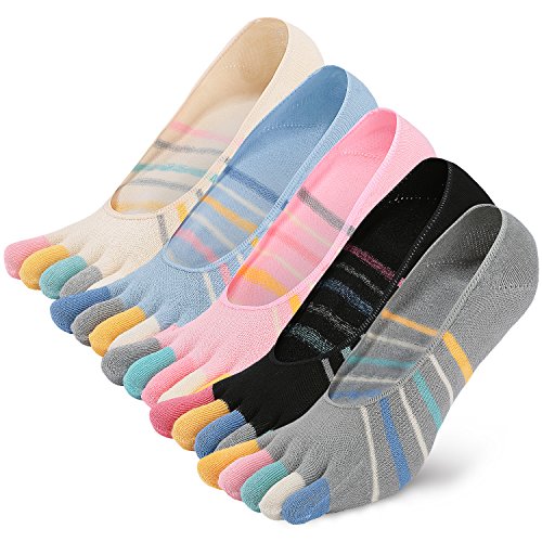 No Show Toe Socks for Womens Mens Low Cut Cotton Running Five Finger Socks with Silicone Heel 5 Pairs