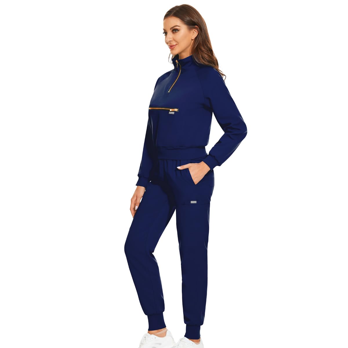 VIAOLIscrubs for Women Set Modern V-Neck Overalls Lapel with Zipper Long Sleeve & Jogger Pants Nurse Medical Uniform (Navy Blue,XS,X-Small)