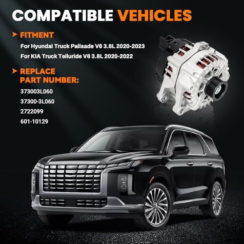 Image of High Output Alternator 13.5V 180Amp Compatible with Hyundai Palisade 2020-2023 3.8L, Compatible with KIA Telluride 2020-2022 3.8L, Replace Number: 2722099 601-10129 373003L060 37300-3L060