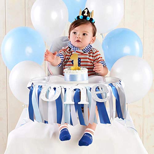 Baby Boy First Birthday High Chair Banner - Blue, White & Silver, 80 Inch Long, For Smash Cake Photos & Party Decor