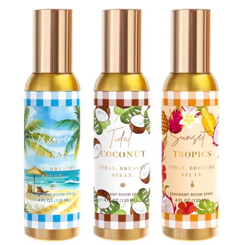 Room Spray, Tidal Coconut, Woven Ocean, Sunset Tropics, 3 Pack, Each 4 fl oz, Air Freshener for Home, Long-Lasting Odor Eliminator for Bathroom and Office