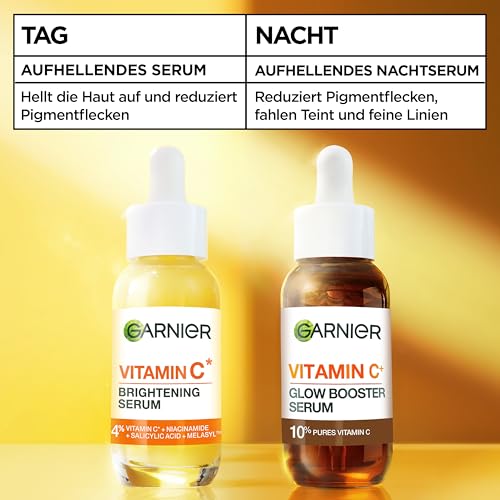 Garnier Vitamin C Aufhellendes Serum gegen Pigmentflecken, Gesichtsserum mit 4 Prozent Vitamin C, Niacinamid, Salicylsäure und Melasyl, für einen strahlenden Teint, für alle Hauttypen, 1 x 30 ml
