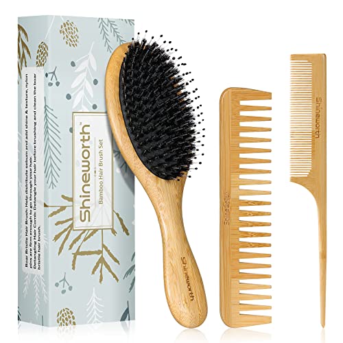 Shineworth Boar Bristle Hair Brush Set, Natural Bamboo Paddle Hairbrush and Wide Tooth Comb for Men Women Reducing Frizz & Detangling Thick Curly or Long Hair