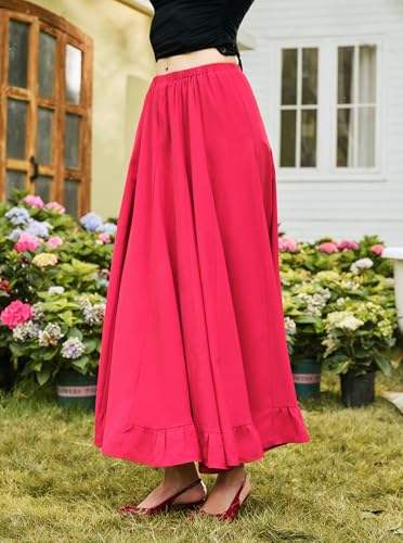 Long Skirts for Women Swing A-Line High Waist Boho Beach Flowy Ruffle Pleated Maxi Skirt3
