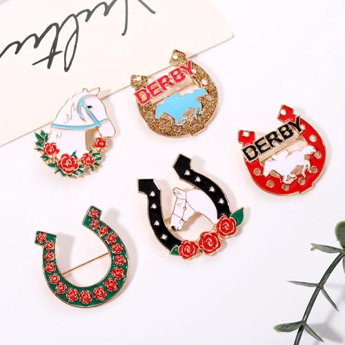 Image of Kentucky Derby Brooches for Women Enamel Horseshoe Riding Suit Brooch Pins Rose Horse Race Day Brooches Kentucky Derby Outfits Accessories Jewelry Gifts