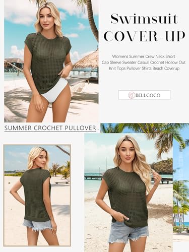 Image of Womens Summer Crochet Tops Hollow Out Cap Sleeve Cover Up Tank Top Pullover Sweater Vest Beach Vacation Clothes
