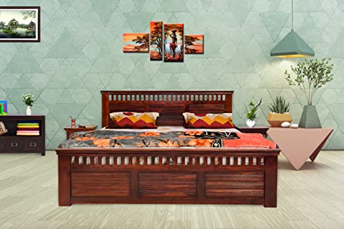 Image of Sheesham Wood King Size Bed with 4 Storage and 2 Bedside End Table for Home