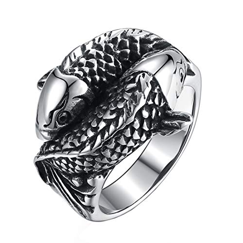 HIJONES Clásico Doble En Relieve Koi Carpa Pez Anillo para Hombre Acero Inoxidable Afortunado Animal Joyas Plata Talla 27 Cover