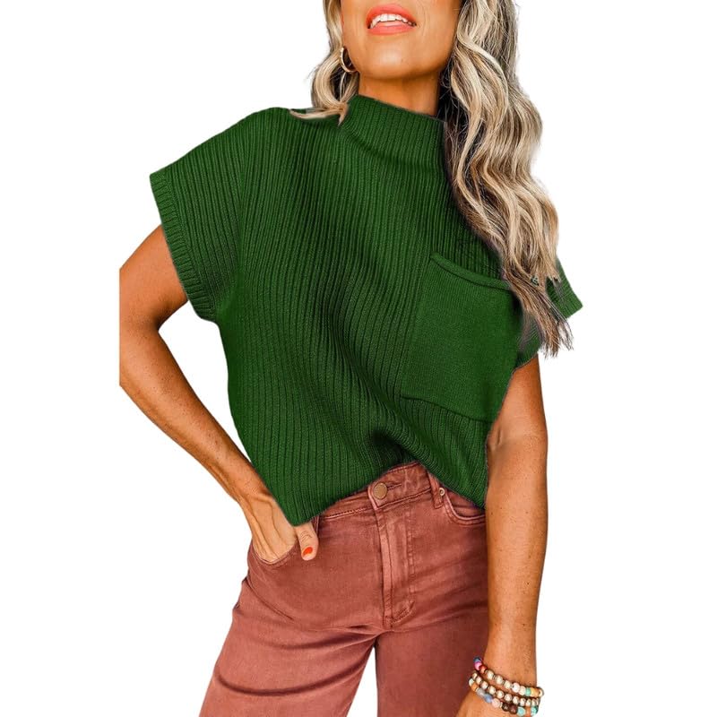 bifanxi Women’s Cotton Sweater Vest with Batwing Sleeves & Pocket | Half-High Collar Pullover Sweater | Green | L-picture-21