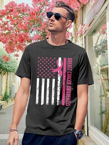 Breast Cancer Shirts for Men: Pink Ribbon Awareness T-Shirt Cancer Fighter Tee Pink October Short Sleeve Tops4