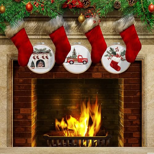 Image of EOBTAIN 3 Pcs Christmas Embroidery Kit for Beginners,Red Christmas Embroidery Kits for Adults,Cross Stitch Kits for Beginners with Pattern, Needles, Threads, Tools,Hand DIY Craft Kits for Adults