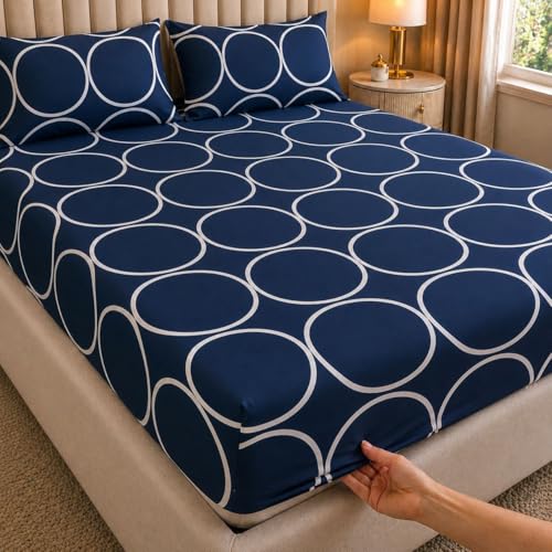 Image of Castiqa Elastic Fitted Supersoft Premium Polycotton 200Tc Double Bedsheets King Size 78X72 Inch With 2 Pillow Covers (Fits Upto Mattress Of 8Inches) (Cubes), Black