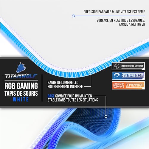 Tapis de souris XXL blanc grand format antidérapant LED multicolore PC - 3