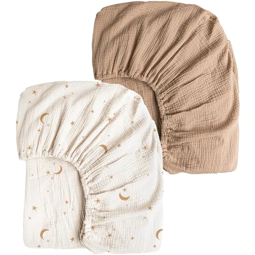 Image of Konssy Muslin Crib Sheets for Girl Boy, 2 PCS Soft and Breathable Cotton Baby Sheets for Standard Crib Mattress, 52 inchx 28 inch (Moon,Camel)