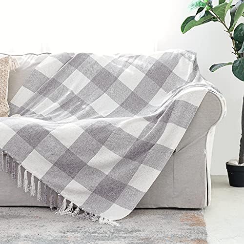 Grey White Buffalo Plaid Decor Blanket, Lightweight Soft Chenille Check Knitted Rustic Farmhouse Throw with Tassels for Couch Sofa Chair Bed Office Home, Gray and Ivory, 50" x 60"