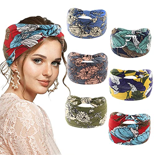 Yeshan Boho Bandeau headbands for Women Wide Bandana Headbands Knot Hair Scarf Headbands Floral Printed African Hair Bands Elastic Turban Thick Head Wraps Stretch Cotton Head Bands,Pack of 6
