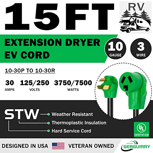 Gerguirry 3 Prong 15 Feet Dryer Extension Cord, 30 Amp Nema 10-30P To 10-30R Heavy Duty Cord, Use For Dryer Power Extension And Level 2 Ev Charging, 125V/250V 10-Awg Gauge, Ul Listed #TOP2